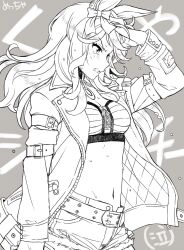 Rule 34 | 1girl, animal ears, arm belt, belt, bow, breasts, character request, clenched teeth, cowboy shot, determined, floating hair, from side, greyscale, hand in own hair, hand to forehead, highres, horse ears, horse girl, itou (onsoku tassha), jacket, long hair, long sleeves, looking ahead, midriff, monochrome, navel, open clothes, open jacket, short shorts, shorts, small breasts, solo, standing, stomach, sweat, tears, teeth, umamusume, unfinished, v-shaped eyebrows, wavy hair