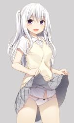 Rule 34 | 1girl, :d, blush, bow, bow panties, clothes lift, collared shirt, commentary request, copyright request, cowboy shot, gluteal fold, grey background, grey skirt, highres, komeshiro kasu, lifted by self, long hair, looking at viewer, open mouth, panties, pleated skirt, purple eyes, shirt, short sleeves, silver hair, simple background, skirt, skirt lift, smile, solo, standing, two side up, underwear, v-shaped eyebrows, vest, white panties, white shirt, wing collar, yellow vest