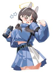 Rule 34 | &gt; o, 1girl, belt, black belt, blue archive, blue sweater, blush, breasts, brown hair, crop top, crop top overhang, cropped legs, cropped sweater, fang, glasses, highres, holding, large breasts, long hair, long sleeves, low twintails, moe (blue archive), one eye closed, open mouth, pleated skirt, round eyewear, shiromoca, simple background, skin fang, skirt, solo, star (symbol), sweater, twintails, underboob, white background, yellow eyes