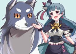 Rule 34 | 1girl, blue background, blue hair, blush, cape, closed mouth, dog, earrings, genjitsu no yohane, hair bun, heart, heart earrings, hiroshi (hunter-of-kct), jewelry, lailaps (genjitsu no yohane), long hair, looking at another, love live!, love live! sunshine!!, open mouth, pink eyes, simple background, smile, tsushima yoshiko, yellow eyes, yohane (genjitsu no yohane)