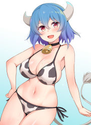 Rule 34 | 1girl, animal print, bell, bikini, blue hair, blush, breasts, cleavage, collar, collarbone, cow girl, cow horns, cow print, cow tail, fangs, hand on own hip, honda naoki, horns, jashin-chan dropkick, large breasts, minos (jashin-chan dropkick), navel, neck bell, open mouth, red eyes, shiny skin, short hair, side-tie bikini bottom, smile, solo, swimsuit, tail