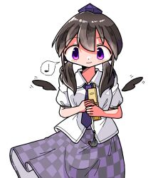 Rule 34 | 1girl, black skirt, black wings, brown hair, cellphone, checkered clothes, checkered skirt, closed mouth, collared shirt, cowboy shot, feathered wings, flip phone, hat, himekaidou hatate, holding, holding phone, kasuya baian, light smile, long hair, looking at viewer, medium skirt, musical note, necktie, phone, puffy short sleeves, puffy sleeves, purple eyes, purple hat, purple necktie, purple skirt, shirt, short sleeves, simple background, skirt, solo, spoken musical note, standing, tareme, tokin hat, touhou, twintails, white background, white shirt, wings