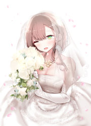 Rule 34 | 1girl, ;d, bare shoulders, blush, bouquet, breasts, bridal veil, bride, brown hair, cleavage, dress, elbow gloves, flower, gloves, green eyes, heart, heart-shaped pupils, highres, jewelry, long hair, looking at viewer, medium breasts, necklace, ol-chan (oouso), one eye closed, oouso, open mouth, original, petals, ponytail, revision, simple background, smile, solo, symbol-shaped pupils, tearing up, veil, wedding dress, white background, white gloves