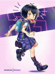 Rule 34 | 1girl, adjusting strap, antenna hair, arm behind back, artist name, backpack, bag, black footwear, black hair, black socks, black sweater vest, blue bag, blue skirt, blush, bob cut, boots, bread slice, bright pupils, brown eyes, bug, commentary, dress shirt, english commentary, food, food in mouth, from side, full body, gradient background, halftone, halftone background, halftone texture, holding strap, jam, kikino, looking at viewer, looking back, looking to the side, marvel, mouth hold, notice lines, patreon username, peni parker, plaid, plaid skirt, pleated skirt, purple background, running, school uniform, shadow, shirt, short hair, short sleeves, skirt, smile, socks, solo, spider, spider-man: into the spider-verse, spider-man (series), spider-verse, sweater vest, toast, toast in mouth, white background, white pupils, white shirt