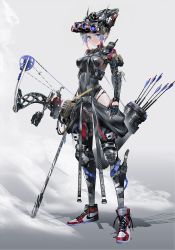 Rule 34 | 1girl, air jordan, air jordan 1, arrow (projectile), bag, black bodysuit, black gloves, black thighhighs, blue eyes, blue hair, bodysuit, bow (weapon), bracer, breasts, closed mouth, commentary, compound bow, covered navel, cross-laced footwear, dagger, english commentary, expressionless, fanny pack, fingerless gloves, full body, gloves, grey background, grey hair, head-mounted display, headpiece, highres, holster, knee pads, knife, looking at viewer, medium breasts, multicolored hair, night-vision device, nike (company), original, quiver, red footwear, red hair, revision, satchel, science fiction, scope, shoes, short hair, silk, simple background, skin tight, smoke, sneakers, solo, spider web, spider web tattoo, standing, strap, swav, thigh holster, thighhighs, thighs, walkie-talkie, weapon, wide field of view device