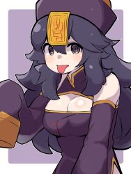 Rule 34 | 1girl, @ @, alternate costume, bare shoulders, black hair, breasts, cleavage, cleavage cutout, clothing cutout, commentary request, creatures (company), dress, game freak, grey eyes, hair between eyes, hat, hex maniac (pokemon), highres, long hair, looking at viewer, mituyota 76, nintendo, pokemon, pokemon xy, purple dress, purple hat, qingdai guanmao, shiny skin, side slit, sleeves past fingers, sleeves past wrists, solo, tongue, tongue out, upper body