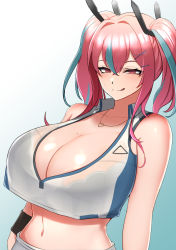Rule 34 | 1girl, :q, azur lane, bare shoulders, black bra, blouse, blush, bra, breasts, bremerton (azur lane), bremerton (scorching-hot training) (azur lane), cleavage, closed mouth, collarbone, collared shirt, commentary, cowboy shot, crop top, crop top overhang, crossed bangs, eyebrows hidden by hair, gradient background, green background, grey hair, hair between eyes, hair intakes, hair ornament, hairclip, heart, heart necklace, highres, jewelry, large breasts, long hair, looking at viewer, midriff, mole, mole on breast, mole under eye, multicolored hair, naughty face, navel, necklace, official alternate costume, pink eyes, pink hair, see-through, see-through shirt, shiny skin, shirt, sidelocks, simple background, sleeveless, sleeveless shirt, smile, solo, sportswear, standing, streaked hair, sweat, tennis uniform, tokitamago (sasakitoki), tongue, tongue out, twintails, two-tone hair, two-tone shirt, underwear, wet, wet clothes, wet shirt, white background, white shirt, wristband, x hair ornament