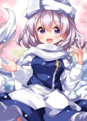 Rule 34 | 1girl, breasts, hat, highres, lapel pin, letty whiterock, light purple hair, one-hour drawing challenge, open mouth, purple eyes, ruu (tksymkw), scarf, short hair, small breasts, smile, snow, snowing, solo, touhou, white hat, white scarf