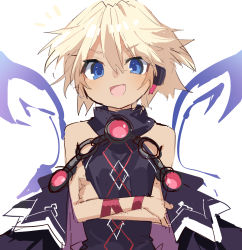 Rule 34 | bare shoulders, blonde hair, blue eyes, breasts, buran buta, collar, croire, crossed arms, dress, fairt, happy, highres, neptune (series), open mouth, robe, short hair, small breasts, wings
