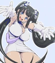Rule 34 | 10s, 1girl, :d, black hair, blue background, blue bow, blue eyes, blue ribbon, bow, breasts, cleavage, dress, dungeon ni deai wo motomeru no wa machigatteiru darou ka, female focus, gloves, hair ornament, hestia (danmachi), large breasts, long hair, nujima, open mouth, outline, rei no himo, ribbon, short dress, simple background, smile, solo, twintails, white dress, white gloves