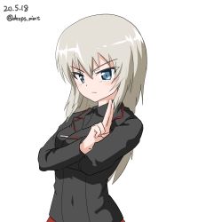 Rule 34 | 1girl, absurdres, black jacket, black shirt, blue eyes, closed mouth, commentary, cowboy shot, dated, dragon ball, dragonball z, dress shirt, drops mint, girls und panzer, highres, itsumi erika, jacket, kuromorimine military uniform, light frown, long hair, long sleeves, looking at viewer, military, military uniform, one-hour drawing challenge, parody, salute, shirt, silver hair, simple background, solo, twitter username, two-finger salute, uniform, v-shaped eyebrows, white background, wing collar