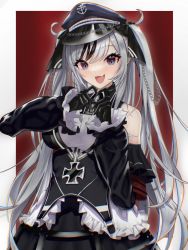 Rule 34 | 1girl, azur lane, bare shoulders, black bow, black gloves, black hair, black hat, black ribbon, blue eyes, bow, breasts, cross, dress, elbe (azur lane), fang, frilled dress, frills, gloves, gradient eyes, hat, heart, heart hands, highres, iron cross, large breasts, long hair, looking at viewer, multicolored eyes, multicolored hair, open mouth, peaked cap, purple eyes, red background, ribbon, silver hair, simple background, skin fang, solo, standing, streaked hair, twintails, two-tone background, two-tone dress, two-tone hair, very long hair, white background, white dress, y yion
