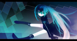 Rule 34 | 10s, 1girl, belt, black hair, black rock shooter, black rock shooter (character), blue eyes, blue hair, boots, coat, flat chest, gloves, glowing, glowing eyes, hood, hooded jacket, jacket, knee boots, long hair, matching hair/eyes, pale skin, puti devil, short shorts, shorts, sitting, solo, star (symbol), staring, twintails, uneven twintails, very long hair, vocaloid