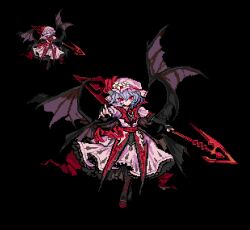 Rule 34 | 1girl, bat wings, black background, commentary request, dress, flower, freezeeternall, full body, hair flower, hair ornament, hat, hat ribbon, holding, holding weapon, koumajou densetsu, looking at viewer, mob cap, pink dress, pink headwear, pixel art, red eyes, red ribbon, remilia scarlet, ribbon, simple background, spear the gungnir, touhou, weapon, white flower, wings