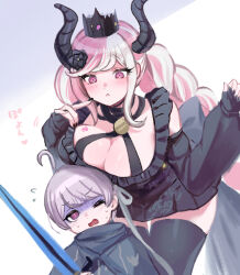 Rule 34 | 1boy, 1girl, black dress, black flower, black horns, black nails, black thighhighs, braid, breast press, breast rest, breasts, breasts on head, cleavage, commentary request, crown, detached sleeves, dress, finger to cheek, fingerless gloves, flower, gloves, hands up, highres, holding, holding sword, holding weapon, horns, large breasts, leaning forward, long hair, looking at another, looking down, master detective archives: rain code, multicolored hair, nail polish, open mouth, pink eyes, pink hair, purple eyes, purple hair, shinigami (rain code), short dress, short hair, sidelocks, sweatdrop, sword, thick thighs, thighhighs, thighs, translation request, turn pale, twin braids, two-tone hair, very long hair, weapon, white hair, yuma kokohead, zutazutako