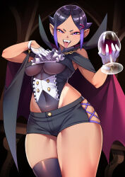 Rule 34 | 1girl, absurdres, bare shoulders, black hair, blue eyes, blue hair, breasts, cape, collar, commentary, covered navel, cowboy shot, cross-laced clothes, cross-laced legwear, cup, drinking glass, fangs, frilled collar, frills, gloves, greyscale, hair ornament, hairclip, half gloves, halloween, highres, holding, holding cup, leotard, looking at viewer, medium breasts, monochrome, multicolored hair, mystical high collar, original, pointy ears, ryuusei&#039;s 3x-yo girl, ryuusei (mark ii), short hair, short shorts, shorts, single thighhigh, skindentation, smile, solo, table, tan, tanline, thighhighs, tongue, tongue out, two-tone hair, vampire costume, white gloves, wine glass