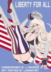 Rule 34 | 10s, 1girl, american flag legwear, artist name, ass, asymmetrical legwear, breasts, commentary, female focus, hand on own head, hat, highres, iowa (kancolle), kantai collection, large breasts, lemonfont, looking at viewer, mismatched legwear, skirt, smile, solo, symbol-shaped pupils, tongue, tongue out, watermark