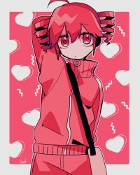 Rule 34 | 1girl, arm behind head, bag, drill hair, expressionless, heart, high collar, jacket, kasane teto, looking at viewer, red eyes, red hair, solo, track jacket, track suit, twin drills, utau, yuusuke-kun