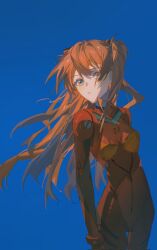 Rule 34 | 1girl, blue background, blue eyes, bodysuit, breasts, brown hair, eliza 804, highres, long hair, looking at viewer, neon genesis evangelion, plugsuit, red bodysuit, shiny clothes, simple background, small breasts, solo, souryuu asuka langley, standing, two side up