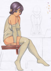 Rule 34 | 1girl, arm support, bare shoulders, breasts, commentary request, detached sleeves, feet, from side, full body, head down, hunched over, large breasts, looking at viewer, looking to the side, mature female, nemui333, no shoes, on stool, original, purple eyes, purple hair, short hair, sitting, smile, thighhighs, traditional media, unfinished, sketch background