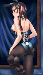 Rule 34 | 1girl, absurdres, animal ears, ass, black leotard, black pantyhose, blush, breasts, brown eyes, brown hair, fake animal ears, fake tail, feet, from behind, gertrud barkhorn, highres, hiroshi (hunter-of-kct), large breasts, leotard, looking at viewer, looking back, pantyhose, playboy bunny, rabbit ears, rabbit tail, shoulder blades, sideboob, soles, solo, strike witches, tail, twintails, world witches series
