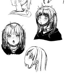 Rule 34 | 1girl, blood, blush, collar, constricted pupils, cropped shoulders, crying, crying with eyes open, ear piercing, expressionless, expressions, greyscale, hair down, hood, hoodie, jirai kei, kuaru (okamokomon), long hair, looking at viewer, mask, mask pull, monochrome, mouth mask, multiple views, nosebleed, open mouth, original, piercing, saliva, simple background, sketch, surgical mask, surprised, tears, two side up