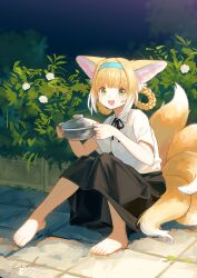 Rule 34 | 1girl, absurdres, animal ear fluff, animal ears, arknights, barefoot, black ribbon, black skirt, blonde hair, blue hairband, braid, collared shirt, commentary request, day, flower, fox ears, fox girl, fox tail, full body, green eyes, hair rings, hairband, hands up, highres, holding, kitsune, knees up, multicolored hair, neck ribbon, outdoors, ribbon, shirt, short sleeves, sitting, skirt, solo, suzuran (arknights), tail, twin braids, two-tone hair, welt (kinsei koutenkyoku), white flower, white hair, white shirt