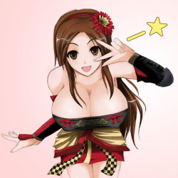 Rule 34 | 1girl, :d, bare shoulders, bent over, breasts, brown eyes, brown hair, cleavage, covered erect nipples, detached sleeves, female focus, gradient background, hairband, kaihime, large breasts, long hair, notta (takeno), open mouth, sengoku musou, sengoku musou 3, smile, solo, tagme, v