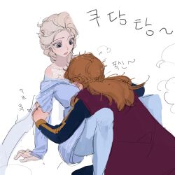 Rule 34 | 2girls, absurdres, anna (frozen), between breasts, between legs, blue dress, blue eyes, blue pantyhose, breasts, coat, commentary request, dress, elsa (frozen), face between breasts, frozen (disney), frozen 1022, hand blush, head between breasts, highres, incest, korean commentary, korean text, long hair, long sleeves, multiple girls, off-shoulder dress, off shoulder, open mouth, pantyhose, purple coat, siblings, sisters, translation request, white hair, yuri