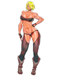 Rule 34 | 1girl, abs, alternate eye color, angel (kof), biceps, blonde hair, blue eyes, boots, bra, breasts, chaps, cowboy boots, dark-skinned female, dark skin, fingerless gloves, gloves, hair over one eye, hand on own hip, highres, large breasts, looking at viewer, minew, muscular, muscular female, navel, obliques, simple background, snk, strapless, strapless bra, the king of fighters, the king of fighters 2001, the king of fighters 2002, thick thighs, thighs, toned, underwear, white background