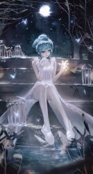 1girl aqua_eyes aqua_hair dress hatsune_miku highres lengy_(user_haec8585) looking_at_viewer short_hair sitting smile solo vocaloid white_dress