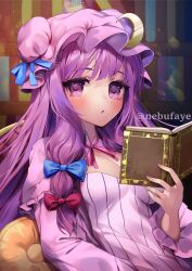 Rule 34 | 1girl, blue bow, book, bow, capelet, cleavage cutout, clothing cutout, crescent, crescent hat ornament, dress, hair bow, hat, hat ornament, highres, holding, holding book, long hair, long sleeves, looking at viewer, mob cap, open book, open mouth, patchouli knowledge, pink capelet, pink dress, pink hat, pink ribbon, purple eyes, purple hair, red bow, ribbon, shianebulae, solo, striped, touhou, twitter username, upper body, vertical stripes