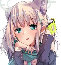 Rule 34 | 1girl, absurdres, animal ears, aqua eyes, blue archive, blush, commentary request, cross hair ornament, gloves, hair ornament, tucking hair, halo, highres, inaba teitoku, long sleeves, looking at viewer, medium hair, open mouth, scarf, shiroko (blue archive), silver hair, simple background, solo, upper body, white background, yellow gloves