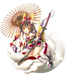 Rule 34 | 1girl, animal ears, bell, bow, bracelet, brown hair, collar, facial mark, floral print, fox ears, fox shadow puppet, fox tail, hair bow, hane segawa, highres, jewelry, katana, kitsune, looking at viewer, neck bell, oil-paper umbrella, open mouth, original, ribbon, shoes, simple background, solo, sword, tabi, tail, umbrella, weapon, wrist ribbon, yellow eyes