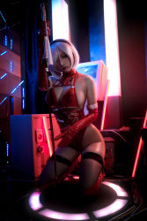 Rule 34 | 1girl, alternate costume, asian, blue eyes, breasts, chinese (nationality), choker, cleavage, collar, cosplay, costume, gloves, hairband, highres, indoors, large breasts, lingerie, niannian d, nier:automata, nier (series), patterned bikini, patterned clothing, photo (medium), red gloves, red theme, santa costume, short hair, solo, sword, tagme, thighhighs, transparent, underwear, weapon, white hair, 2b (nier:automata)