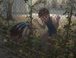 Rule 34 | 2girls, blue one-piece swimsuit, blush, building, chain-link fence, expressionless, fence, grass, kneeling, low twintails, multiple girls, nature, one-piece swimsuit, original, outdoors, plant, swimsuit, tensen (dotted line), tree, twintails, vines, what