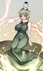 Rule 34 | 1girl, aoshima, bare arms, bare shoulders, blush, breasts, commentary request, dress, electricity, gradient background, green dress, green eyes, green hair, grey background, hand up, hat, highres, large breasts, long dress, pink lips, scarf, short hair, sleeveless, sleeveless dress, soga no tojiko, solo, tan background, tate eboshi, touhou, white scarf