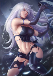 Rule 34 | 1girl, android, bare shoulders, black gloves, black thighhighs, blue eyes, breasts, cowboy shot, derivative work, elbow gloves, gloves, highres, holding, holding sword, holding weapon, long hair, looking at viewer, md5 mismatch, medium breasts, mole, mole under mouth, navel, nier:automata, nier (series), parted lips, peng wang, solo, sword, thighhighs, torn clothes, weapon, white hair, a2 (nier:automata)