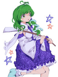 Rule 34 | 1girl, absurdres, ahoge, blush stickers, breasts, collared shirt, commentary request, cowboy shot, detached sleeves, frog hair ornament, gohei, green eyes, green hair, hair ornament, hairband, highres, holding, holding gohei, kochiya sanae, leg up, long hair, medium breasts, mugi (mugimugi 9kv), nontraditional miko, pentacle, shirt, side ponytail, skirt, snake hair ornament, solo, touhou, white background, white footwear, wide sleeves