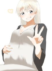 Rule 34 | 1girl, blue eyes, blush, breasts, collarbone, eila ilmatar juutilainen, grin, hand on own stomach, happy, heart, highres, long hair, looking at viewer, pregnant, resolution mismatch, shiny skin, silver hair, simple background, small breasts, smile, solo, source larger, strike witches, w, white background, world witches series