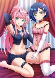 Rule 34 | 10s, 2girls, :d, alternate costume, aqua eyes, arm around waist, arm behind head, arm up, armpits, asymmetrical bangs, babydoll, bare legs, bare shoulders, bed sheet, blue gloves, blue hair, blunt bangs, blush, breasts, choker, cleavage, cleavage cutout, clothing cutout, collarbone, crop top, curtains, darling in the franxx, elbow gloves, fangs, feet out of frame, female focus, fingerless gloves, frills, gloves, green eyes, hair ornament, hairband, hairclip, head tilt, highres, horns, ichigo (darling in the franxx), kazenokaze, kneeling, long hair, medium breasts, multiple girls, navel, on bed, open mouth, panties, pink hair, pink panties, ponytail, purple choker, purple ribbon, ribbon, ribbon choker, short hair, sidelocks, smile, stomach, straight hair, thigh strap, thighhighs, underwear, underwear only, v-shaped eyebrows, very long hair, white gloves, white hairband, white legwear, zero two (darling in the franxx)
