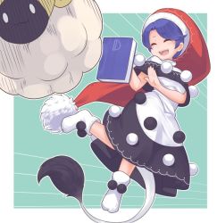 Rule 34 | 1girl, :3, :d, antinomy of common flowers, blue hair, blush, book, capelet, closed eyes, commentary request, doremy sweet, full body, hat, nightcap, no shoes, o o, open mouth, outside border, pom pom (clothes), sheep, smile, socks, tail, tamahana, tapir tail, touhou