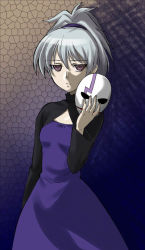 Rule 34 | 00s, 1girl, cleavage cutout, clothing cutout, darker than black, dress, expressionless, flat chest, gradient background, hair between eyes, high ponytail, holding, looking at viewer, mask, mikage nao, ponytail, purple dress, purple eyes, scrunchie, short hair, silver hair, solo, standing, turtleneck, yin (darker than black)