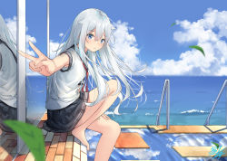 Rule 34 | 1girl, :o, bare legs, barefoot, black sailor collar, black skirt, blouse, blue eyes, blue sky, blurry, blurry foreground, blush, cloud, commentary request, day, depth of field, falling leaves, from side, hair between eyes, hair flaps, hibiki (kancolle), horizon, kantai collection, knee up, leaf, long hair, looking at viewer, looking to the side, miko fly, neckerchief, ocean, outdoors, outstretched arm, parted lips, pleated skirt, railing, red neckerchief, reflection, sailor collar, school uniform, serafuku, shirt, short hair, short sleeves, signature, silver hair, sitting, skirt, sky, solo, v, very long hair, water, white shirt