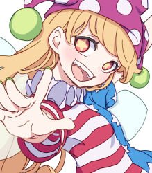 Rule 34 | 1girl, absurdres, american flag dress, blonde hair, blush, clownpiece, dress, fairy, fairy wings, hat, highres, jester cap, kame (kamepan44231), long hair, open mouth, polka dot, polka dot headwear, purple hat, red eyes, short sleeves, simple background, smile, solo, star (symbol), star print, striped clothes, striped dress, touhou, upper body, white background, wings