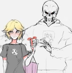 Rule 34 | 1boy, 1girl, ainz ooal gown, blonde hair, blue eyes, blush, caiman (dorohedoro), cup, dorohedoro, gift, heroes of might and magic, heroes of might and magic iii, hood, hoodie, lich, might and magic, mug, neia baraja, overlord (maruyama), power lich, red eyes, scathegrapes, short hair, skeleton, undead