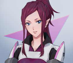 Rule 34 | 1girl, absurdres, blue eyes, earrings, grey background, high ponytail, highres, jewelry, long hair, looking at viewer, macross, macross delta, mirage farina jenius, mosako, parted bangs, parted lips, pilot suit, portrait, red hair, solo