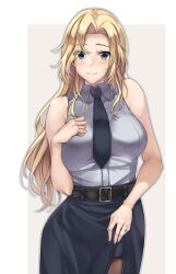 Rule 34 | 1girl, belt, belt buckle, black belt, black necktie, black skirt, blonde hair, blue eyes, blush, breasts, buckle, closed mouth, clothes lift, collared shirt, cowboy shot, dress shirt, highres, hornet (kancolle), jewelry, kantai collection, kuurunaitsu, large breasts, lifted by self, long hair, looking at viewer, necktie, pantyhose, pencil skirt, ring, shirt, skirt, skirt lift, sleeveless, sleeveless shirt, smile, solo, standing, white shirt