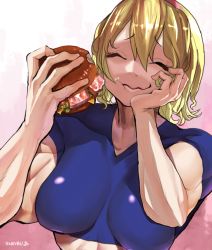 Rule 34 | 1girl, alice margatroid, bacon, blue skirt, breasts, burger, character name, cheese, closed eyes, closed mouth, commentary request, cookie (touhou), eating, food, hair between eyes, hairband, hand on own cheek, hand on own face, happy, highres, holding, holding food, impossible clothes, impossible shirt, koiso usu, large breasts, lettuce, muscular, muscular female, pink background, red hairband, sakuranbou (cookie), shirt, short hair, short sleeves, skirt, smile, solo, tomato, touhou, upper body