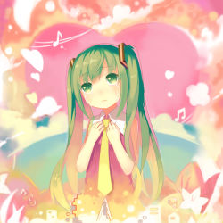 Rule 34 | 1girl, 3:, beamed quavers, crying, crying with eyes open, green eyes, green hair, hair ornament, hands on own chest, hatsune miku, heart, lino-lin, long hair, looking at viewer, matching hair/eyes, musical note, necktie, sketch, solo, streaming tears, tears, twintails, vocaloid